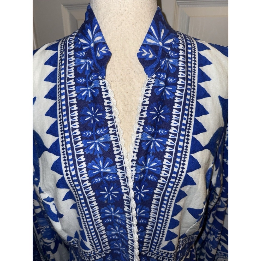 Farm Rio Flora Tapestry Blue White Linen-Blend Maxi Dress Size L Ballon Sleeve - Picture 6 of 16